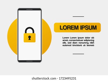 
Conception of the online security network. Vector illustration of smart phone viewed from front with padlock