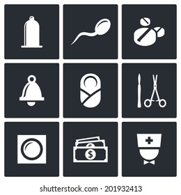 Conception, pregnancy, birth icon set