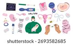 Conception and preparation for pregnancy cartoon elements. Medicine and pregnancy doodle stickers. Female reproductive health concept. Vector illustration