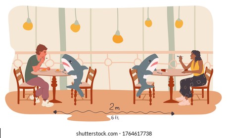 Conception of social distance in restaurants, cafes, eateries, canteens, bars, pubs. A girl and a guy are sitting in a restaurant during a pandemic with a shark. Hand-drawn vector illustration.