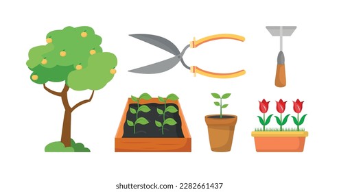 Concepts agriculture resources and Sustainable organic agriculture abstract. Planting, harvesting crops. Orange tree, pruning shear, spade or shovel, potted plant, potted plants, red tulip in pot.