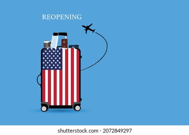 Concepts of airplane travel in United States of America after covid-19 pandemic. Illustration of USA flag on luggage, camera, face mask, vaccine passport and sunglasses.