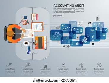  Concepts for auditing . Auditor examination of financial report. Tax process. Research, project management, planning, accounting, analysis, data and investment. Vector for website banners.