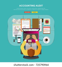  Concepts for auditing . Auditor examination of financial report. Tax process. Research, project management, planning, accounting, analysis, data and investment. Vector for website banners.