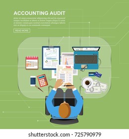  Concepts for auditing . Auditor examination of financial report. Tax process. Research, project management, planning, accounting, analysis, data and investment. Vector for website banners.