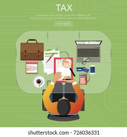  Concepts for auditing . Auditor examination of financial report. Tax process. Research, project management, planning, accounting, analysis, data and investment. Vector for website banners.