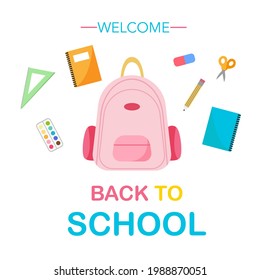 Concepts back to school. Backpack with items. Notebooks, scissors, ruler, pencil paint, eraser. Vector graphics