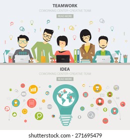 concepts for big idea, coworking, marketing, brainstorming, business, team work. web banner and promotional material