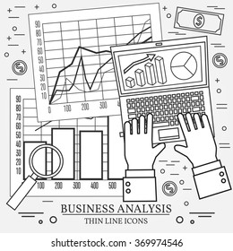 Concepts for business analysis and planning, consulting, team work, project management,financial report and strategy.  Thin line icon.