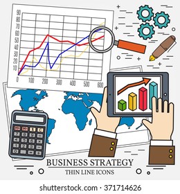 Concepts for business analysis and planning, consulting, team work, project management,financial report and strategy.  Thin line icon.
