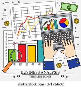Concepts for business analysis and planning, consulting, team work, project management,financial report and strategy.  Thin line icon.