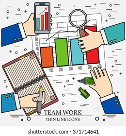 Concepts for business analysis and planning, consulting, team work, project management,financial report and strategy.  Thin line icon.