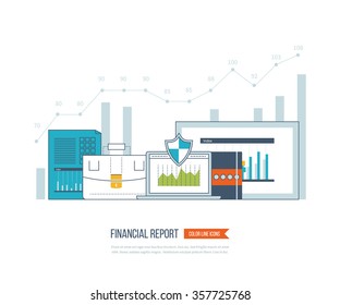 Concepts for business analysis and planning, financial strategy, financial report, consulting, teamwork, project management and development. Investment business. Investment growth. Color line icons