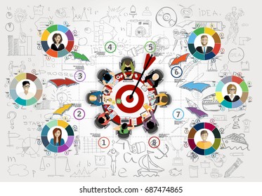 Conceptos para el análisis y la planificación del negocio, trabajo en equipo, gestión de proyectos, informe financiero. Disparos en el objetivo para el éxito - Flecha de círculo colorida - moderna ilustración de Idea y Vector Concepto