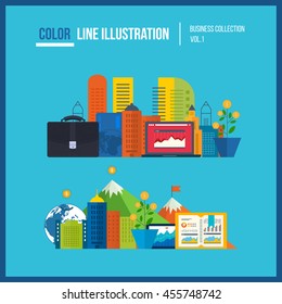 Concepts for business analysis and planning, teamwork, financial report and strategy. Property investment. Color line illustration