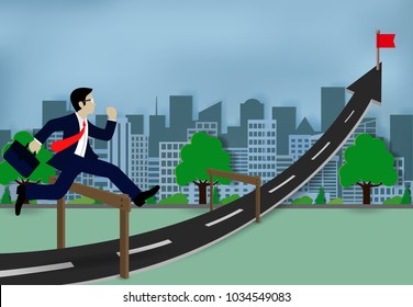 Concepts Business executives can jumping over obstacles on the road, be successful business arrows, and overcome problems or obstacles. Cartoon, vector illustration