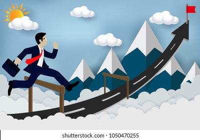 Concepts Business executives can jumping over obstacles on the road, be successful business arrows, and overcome problems or obstacles. Cartoon, illustration of sky with cloud and mountain. paper art