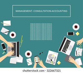 Concepts For Business, Marketing, Management, Accounting.Women in the workplace. Top view of female hands, desk, laptop screen.