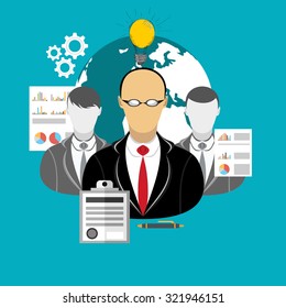 Concepts for business planning and accounting, analysis, audit, project management, marketing, research in flat design style.