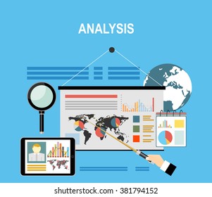 Concepts for business planning and accounting, analysis, audit, project management, marketing, research in flat design style.