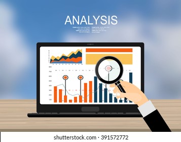 Concepts for business planning and accounting, analysis, audit, project management, marketing, research in flat design style. Laptop on wooden table showing charts and graph, Business Analysis  