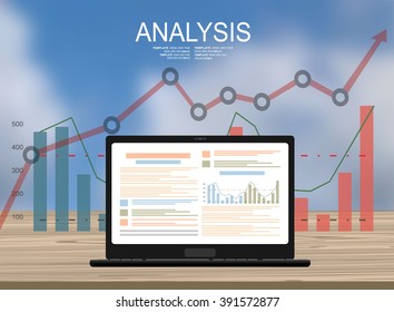 Concepts for business planning and accounting, analysis, audit, project management, marketing, research in flat design style. Laptop on wooden table showing charts and graph, Business Analysis  