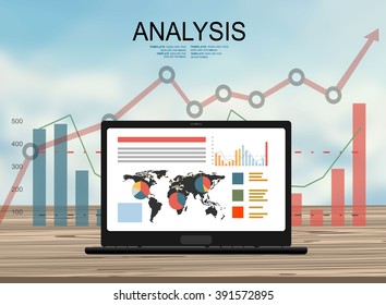 Concepts for business planning and accounting, analysis, audit, project management, marketing, research in flat design style. Laptop on wooden table showing charts and graph, Business Analysis  