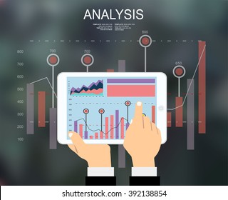 Concepts for business planning and accounting, analysis, audit, project management, marketing, research in flat design style. Tablet on wooden table showing charts and graph, Business Analysis