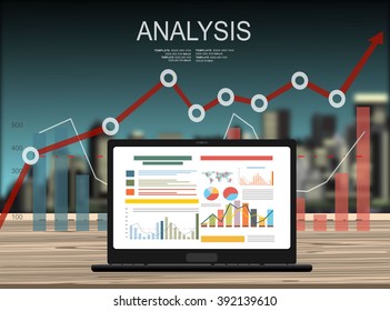 Konzepte für Geschäftsplanung und Buchhaltung, Analyse, Audit, Projektmanagement, Marketing, Forschung im flachen Design Stil. Laptop auf Holztisch mit Diagrammen und Diagrammen, Unternehmensanalyse