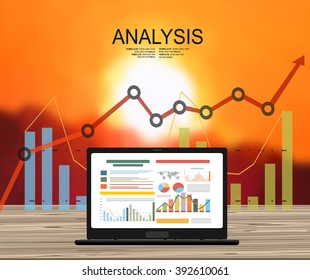 Concepts for business planning and accounting, analysis, audit, project management, marketing, research in flat design style. Laptop on wooden table showing charts and graph, Business Analysis