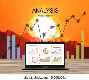 Concepts for business planning and accounting, analysis, audit, project management, marketing, research in flat design style. Laptop on wooden table showing charts and graph, Business Analysis