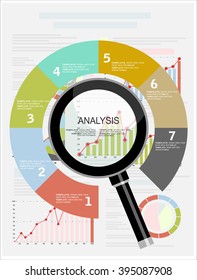 Concepts for business planning and accounting, analysis, audit, research in flat design style. Colorful vector template for presentation and training. Infographics step by step with magnifying glass.