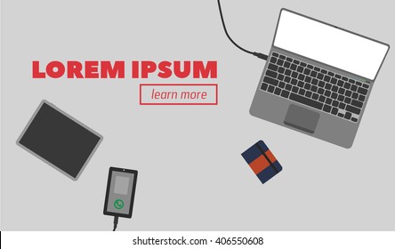 Concepts for business planning and accounting, analysis, audit, project management, marketing, research in flat design style. Web banner with top view desk