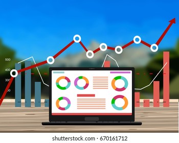 Concepts for business planning and accounting, analysis, audit, project management, marketing, research in flat design style. Laptop on wooden table showing charts and graph, Business Analysis