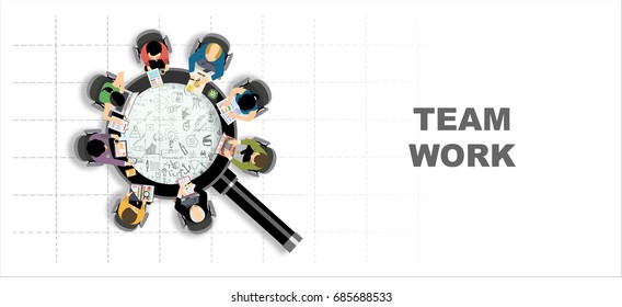 Concepts For Business Planning And Accounting, Analysis, Audit, Team Work,  Project Management, Marketing With Magnifying Glass In Flat Design Style. Modern Idea And Concept Vector Illustration.