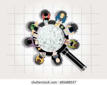 Concepts For Business Planning And Accounting, Analysis, Audit, Team Work,  Project Management, Marketing With Magnifying Glass In Flat Design Style. Modern Idea And Concept Vector Illustration.