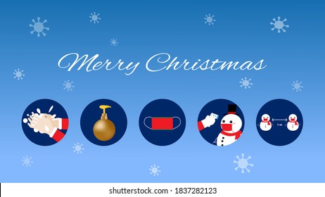 Concepts of Christmas celebration and new normal. Vector illustration of how to prevent coronavirus pandemic. Hand wash, alcohol gel, face mask, temperature check and social distancing.