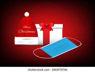 Concepts of Christmas celebration and new normal. Vector illustration of santa claus hat, gift box and face mask on red background.
