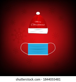 Concepts of Christmas celebration and new normal. Vector illustration of santa claus hat and face mask on red background.