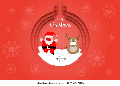 Concepts of Christmas celebration and new normal. Vector illustration of santa claus and reindeer wearing face mask and social distancing.