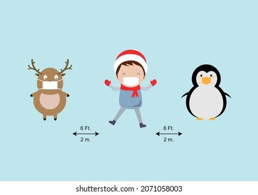 Concepts of Christmas celebration and new normal. Vector illustration of smiling kid, penguin,reindeer wearing face mask and social distancing.	