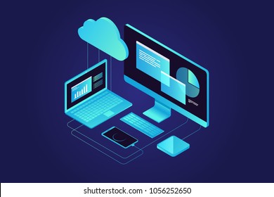 Conceitos Armazenamento em nuvem. Computador, laptop, smartphone no fundo azul. Sincronização e armazenamento de data.3d design plano isométrico. Ilustração vetorial.