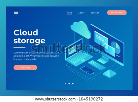 Concepts Cloud storage. Header for website with Computer, laptop, smartphone on blue background. Design for Landing Page. 3d isometric flat design. Vector illustration.