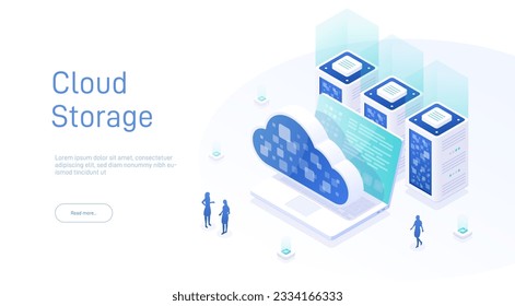 Los conceptos de almacenamiento en la nube son isométricos. Concepto de isometría 3D de almacenamiento de información en línea. Ilustración vectorial de almacenamiento o computación en nube. Tecnología informática en línea. Almacenamiento de datos en nube 3d isométrico.