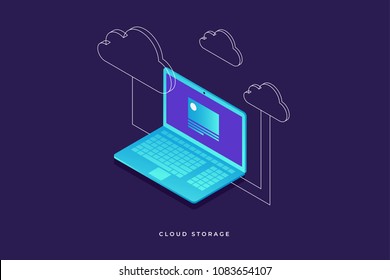 Concepts Cloud storage. Laptop on blue background. Synchronization and storage of data. 3d isometric flat design. Vector illustration.