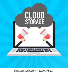 Concepts Cloud storage. Laptop on blue background. Synchronization and storage of data. Vector stock illustration.