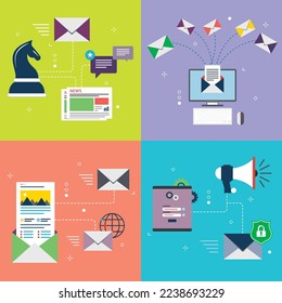 Konzepte der Kommunikation, Strategie-E-Mail-Versand, Newsletter und Sicherheit senden Sie E-Mail. Flache Designsymbole in Vektorgrafik.