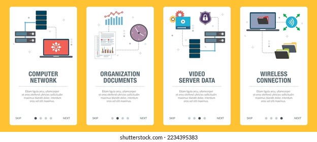 Concepts of computer network, documents organization , video server data and wireless connection. Web banners template with flat design icons in vector illustration.