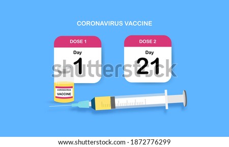 Concepts of coronavirus vaccine two doses injection. Injection at first week and third week for covid-19 antibody protection. Vector illustration of calendar, syringe and vaccine bottle.