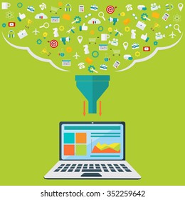 Concepts for creative process, big data filter, data tunnel, analysis vector concept